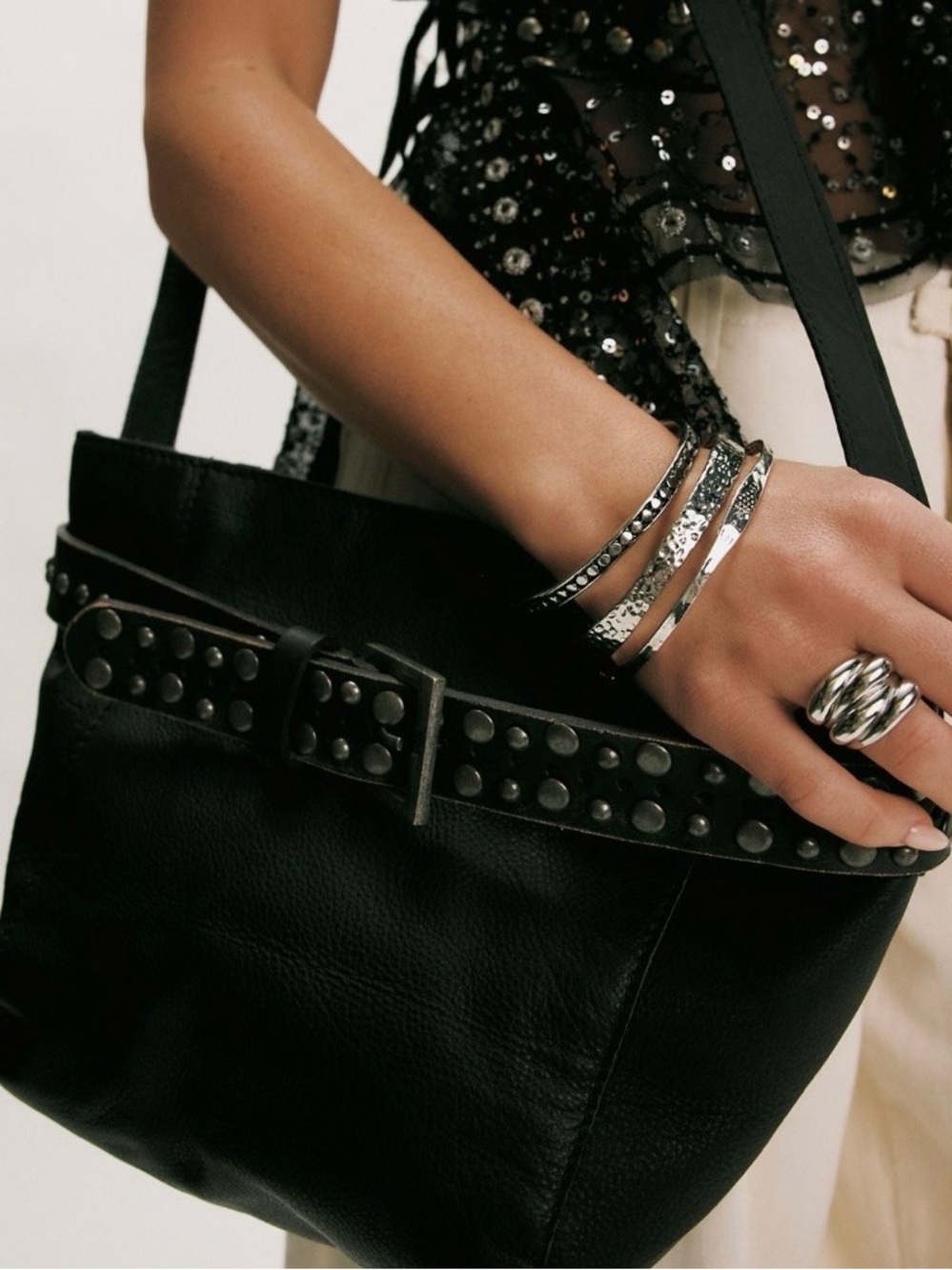 Studded Black Leather Tote Bag